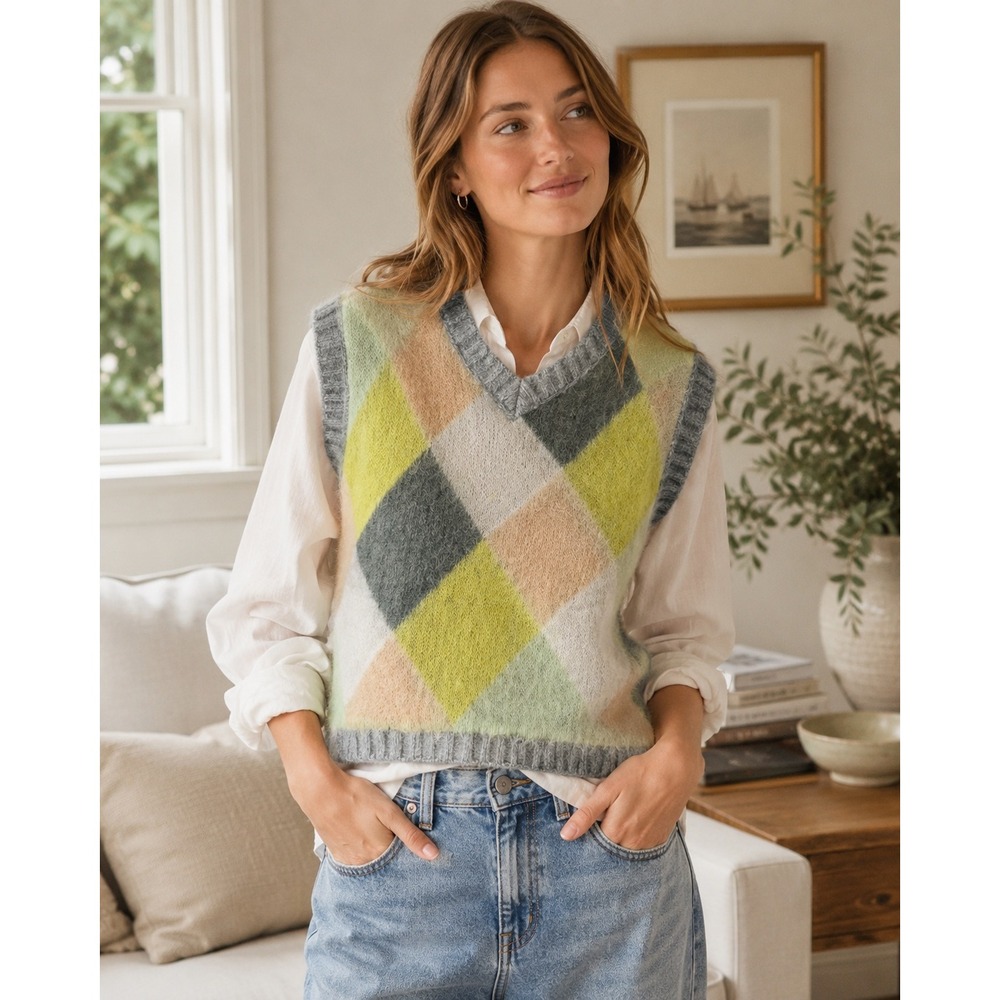 Free People Womens Argyle V-Neck Fuzzy Sweater Vest Grey Yellow Green XS